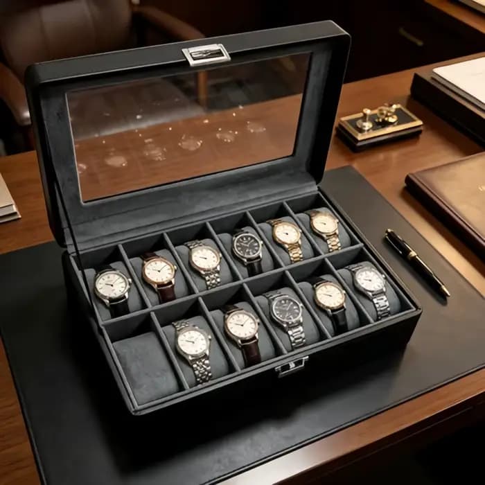 Boîte à montres en cuir de luxe à 12 emplacements avec serrure