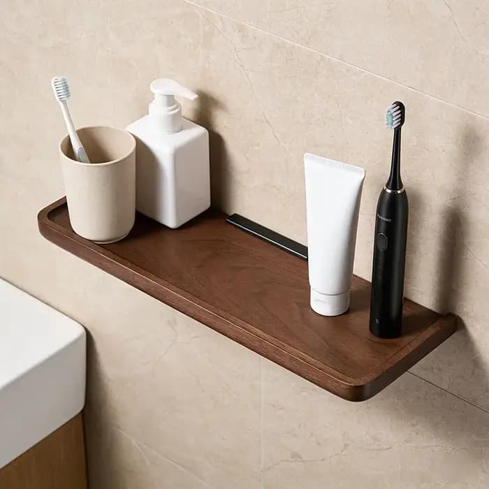 Étagère d'angle murale en bois de noyer noir pour salle de bain - Organisateur de rangement