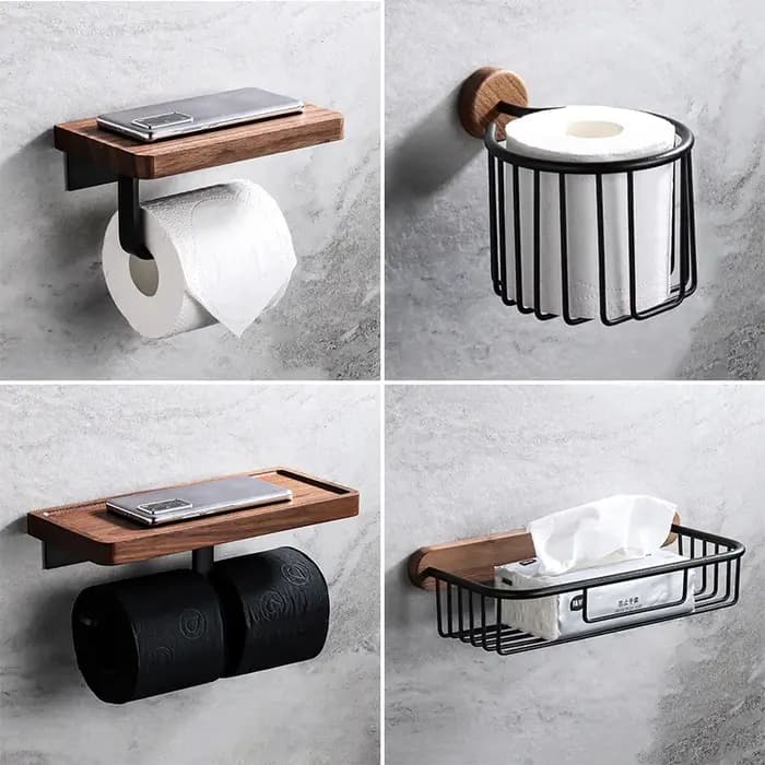 Porte-papier hygiénique avec étagère en bois de noyer