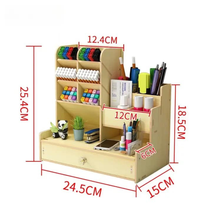 Organisateur de bureau en bois tendance avec tiroir, support à crayons multi-compartiments, style nordique, fournitures scolaires et étagère de bureau