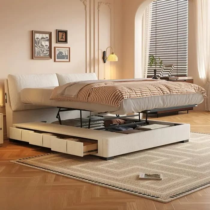 Lit de chambre avec rangement, banquette, tiroirs, en tissu, moderne, gain de place, style japonais, Cama De Casal, mobilier du milieu du siècle