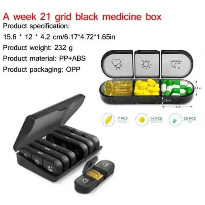 Boîte à pilules hebdomadaire 21 compartiments, organiseur de médicaments, boîte de rangement en plastique PP noir, étui à pilules portable pour médicaments quotidiens