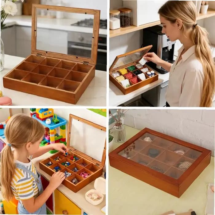 Boîte de rangement en bois à 12 compartiments pour sachets de thé avec couvercle transparent