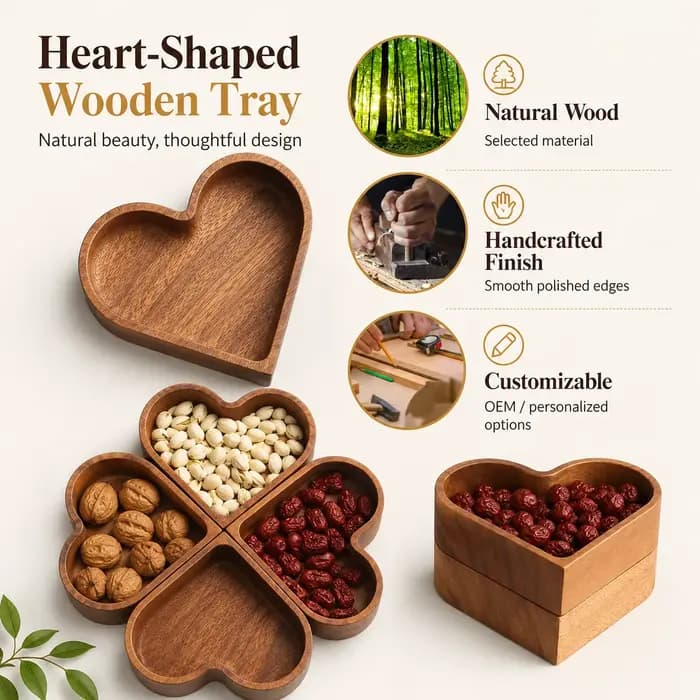 Ensemble de plateaux à collation en bois en forme de cœur QA
