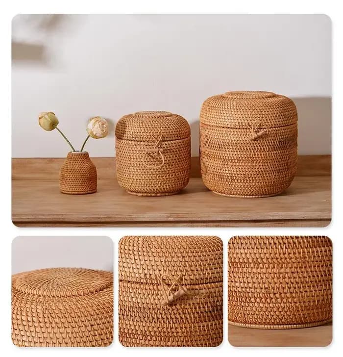 Boîte de rangement de thé en rotin tissé à la main avec couvercle
