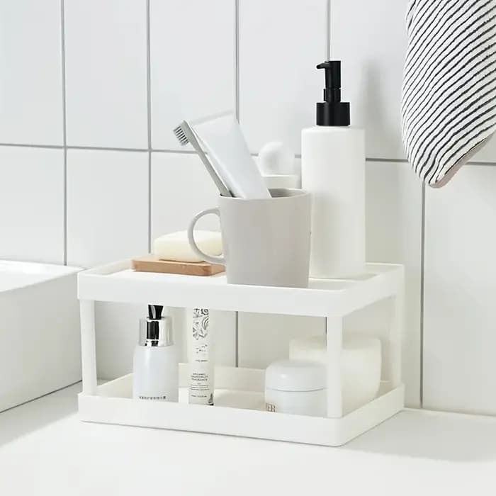 Étagères multifonctionnelles, étagère de rangement à double niveau, support de rangement de bureau, étagères de bureau en plastique, organisateur de cosmétiques et d'articles divers.