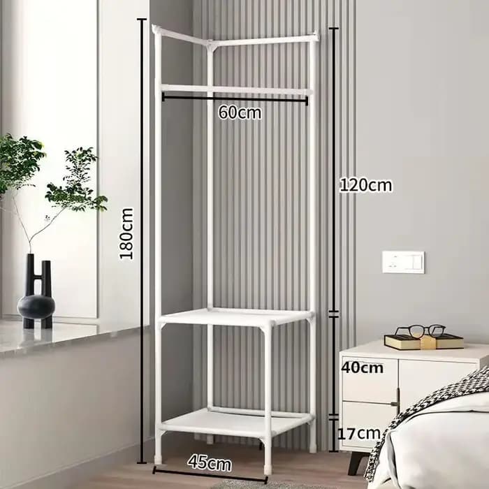 Porte-vêtements d'angle industriel avec roulettes noires, design unique, gain de place, parfait pour