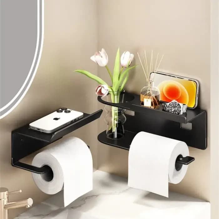 Porte-papier hygiénique mural avec distributeur de rouleaux et étagère de rangement – Organisateur peu encombrant pour toilettes à la maison