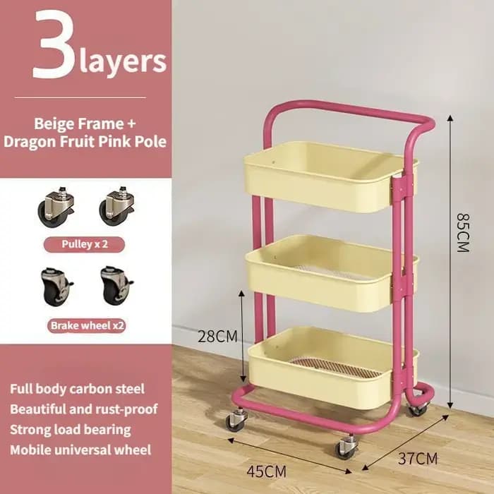 Étagère de rangement pour chariot de couleur contrastée à 3 niveaux