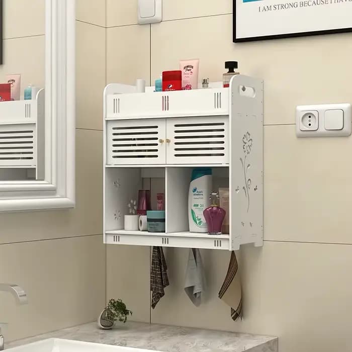 Armoire de rangement murale pour salle de bain en PVC blanc de style nordique, sans perçage, étagère