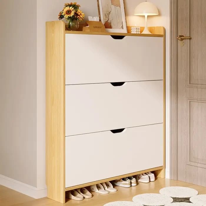 Meuble à chaussures stable en bois massif, grande capacité, rangement multi-niveaux intégré, pour la maison, petit et étroit, avec bac basculant.