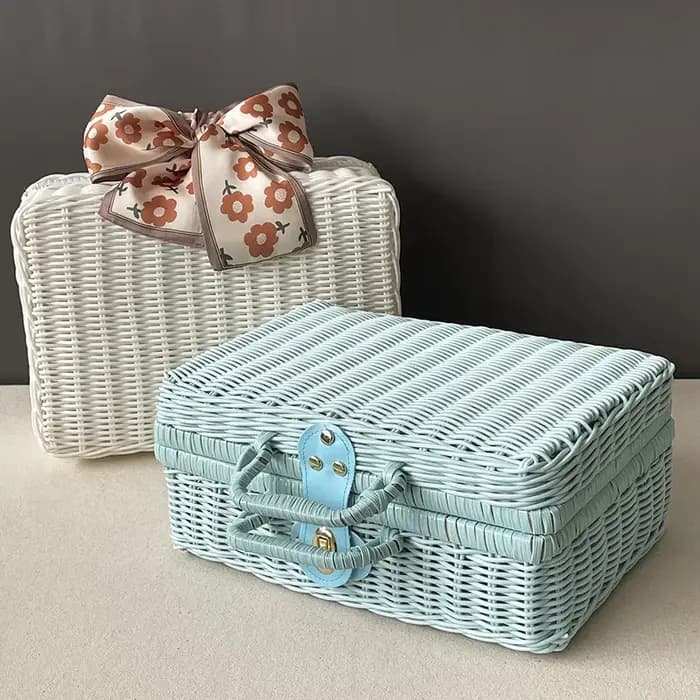 Boîte de finition semblable au rotin, panier en rotin tissé, boîte de rangement rétro, accessoires décoratifs, valise avec boîte-cadeau à main