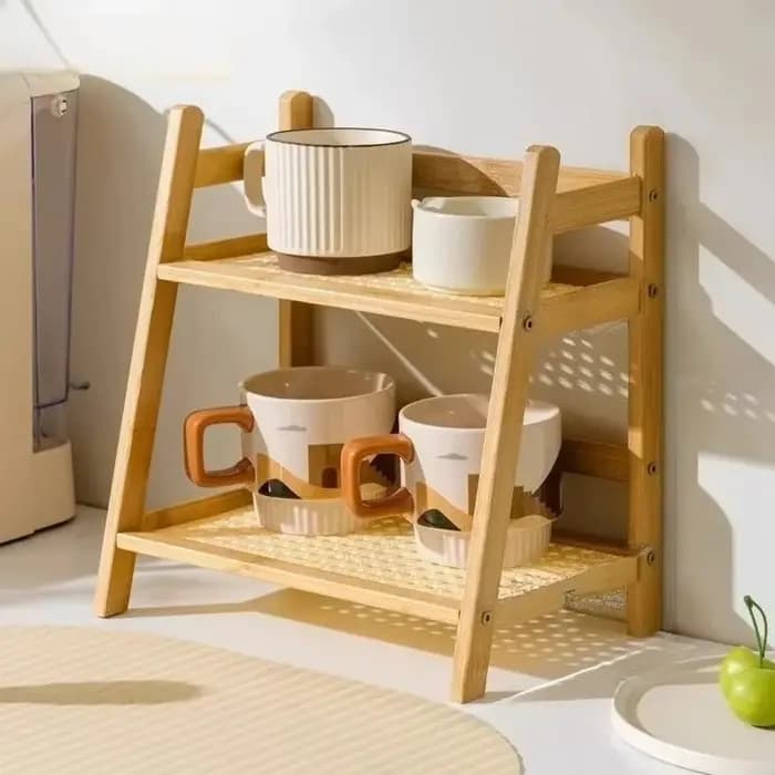 Étagère de rangement rétro en bambou à 2 niveaux