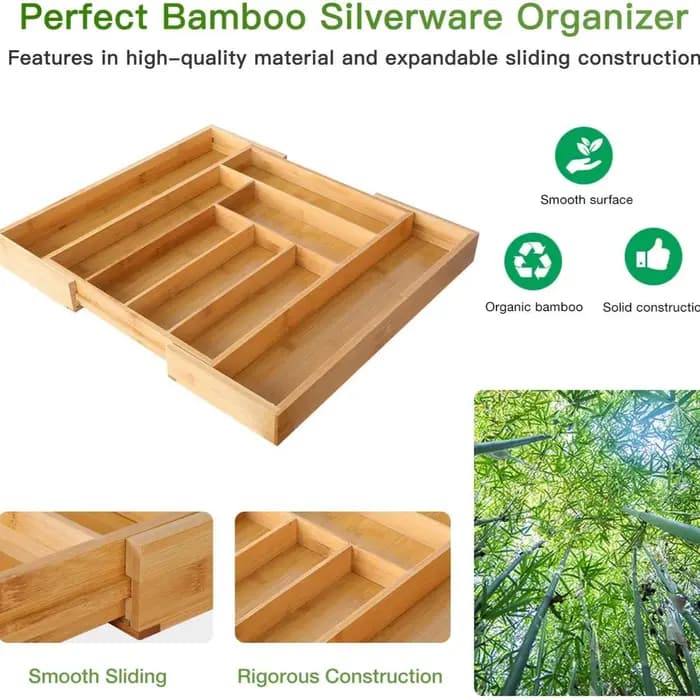 Organisateur de tiroir en bambou extensible réglable pour cuisine