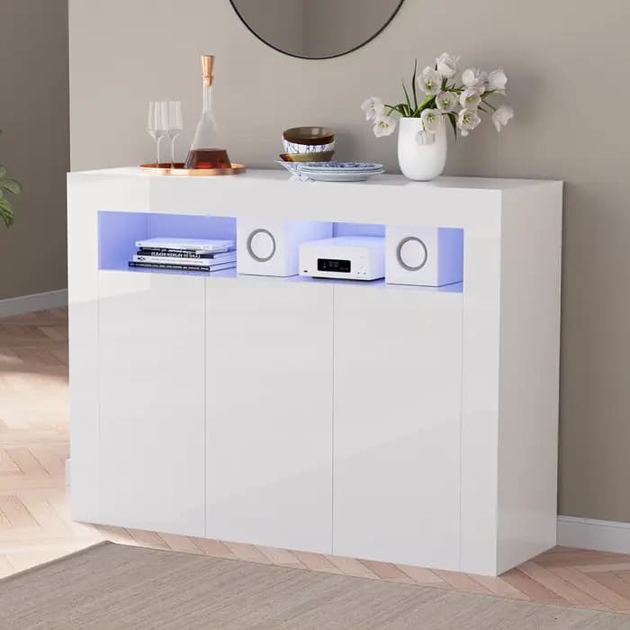 Armoire de rangement moderne blanche avec lumières LED, buffet à haute brillance, étagère réglable,