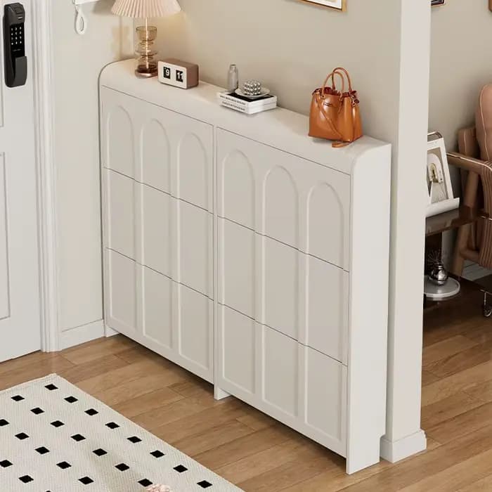 Meuble à chaussures moderne en bois crème ultra-fin et étroit avec tabouret confortable, organisateur de rangement pour entrée de maison