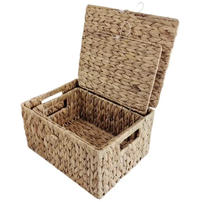 Panier de rangement rectangulaire en paille tissé avec couvercle