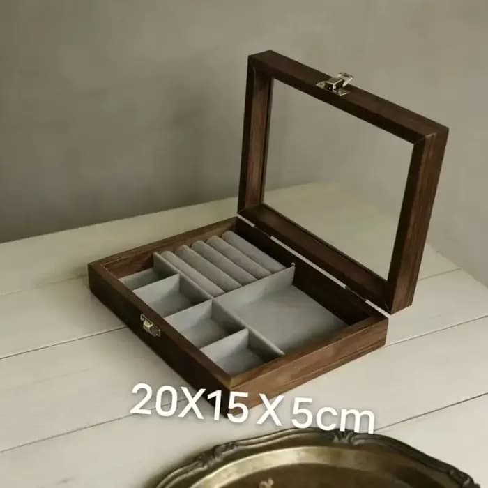 Boîte de rangement pour bijoux avec couvercle en verre, grain de noyer, transparente, boîte à bijoux haut de gamme, anti-poussière et anti-oxydation