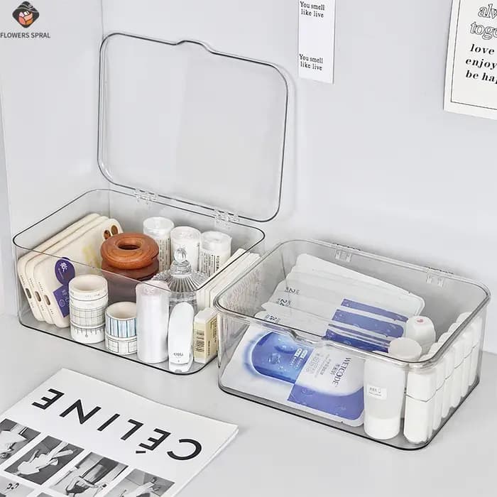 Boîte de rangement cosmétique entièrement transparente avec couvercle