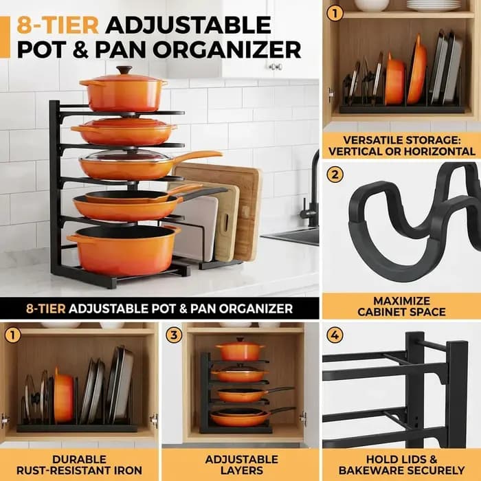 Organisateur de casseroles à 8 niveaux pour gagner de la place - Support en métal durable