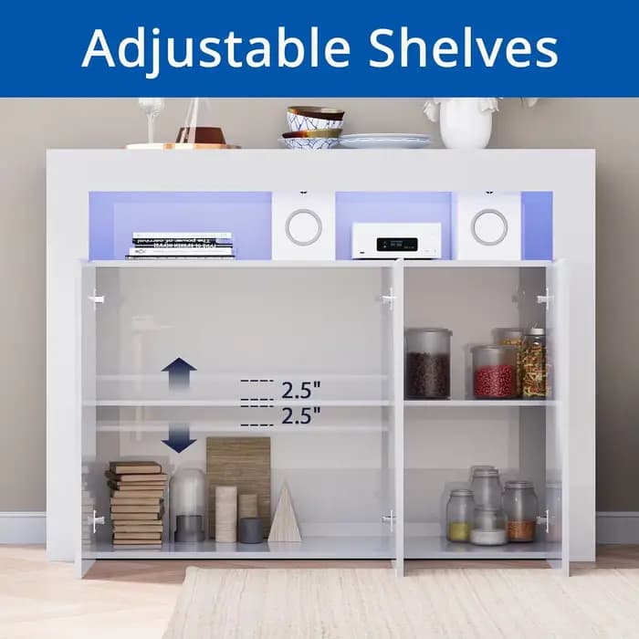 Armoire de rangement moderne blanche avec lumières LED, buffet à haute brillance, étagère réglable,