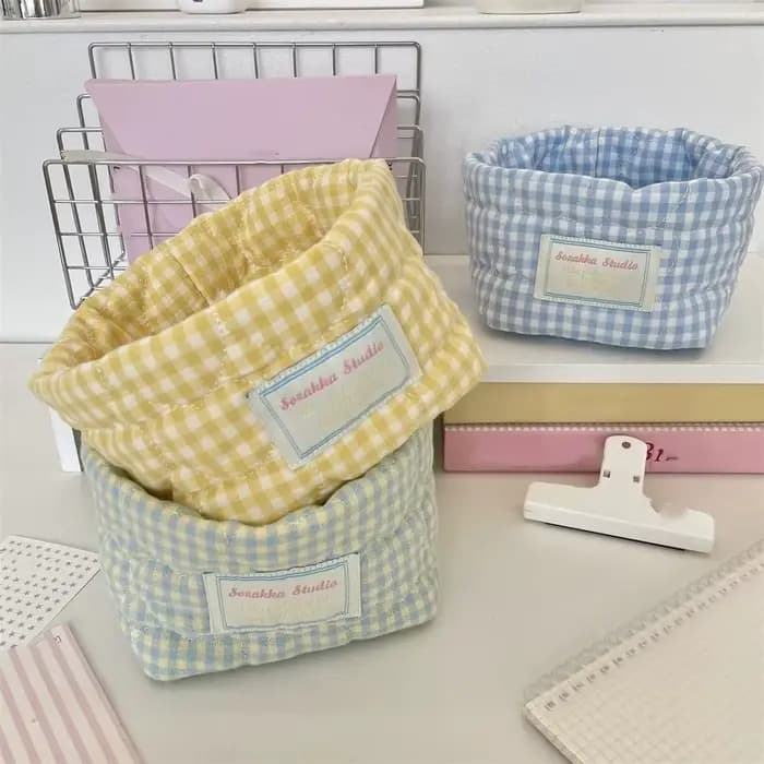 Panier de rangement en tissu à carreaux et rayures