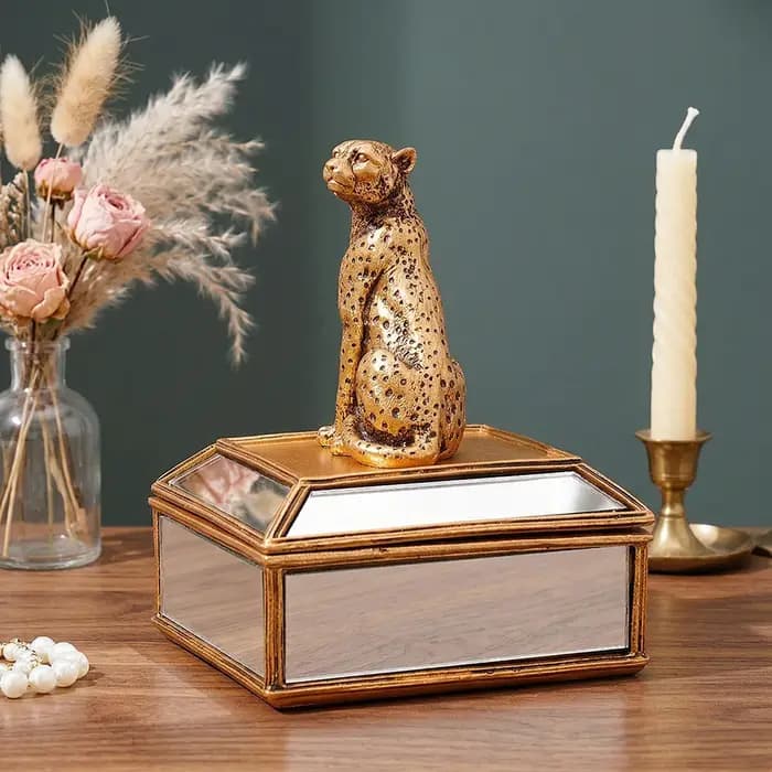 Boîte de rangement pour bijoux en forme de léopard doré effet miroir