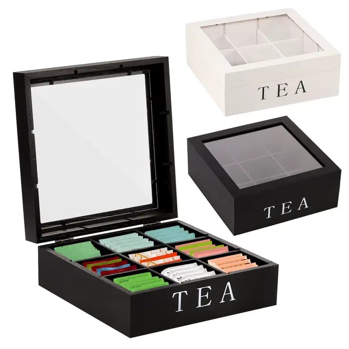 Boîte de rangement de sachets de thé en bois avec couvercle transparent
