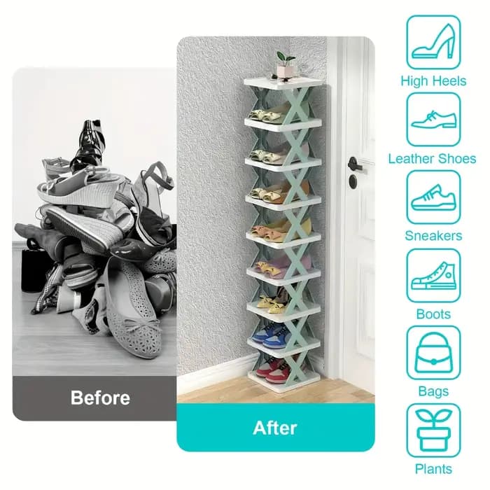 Étagère à chaussures verticale à 9 niveaux – Organisateur étroit peu encombrant pour 9 paires! Assemblage facile