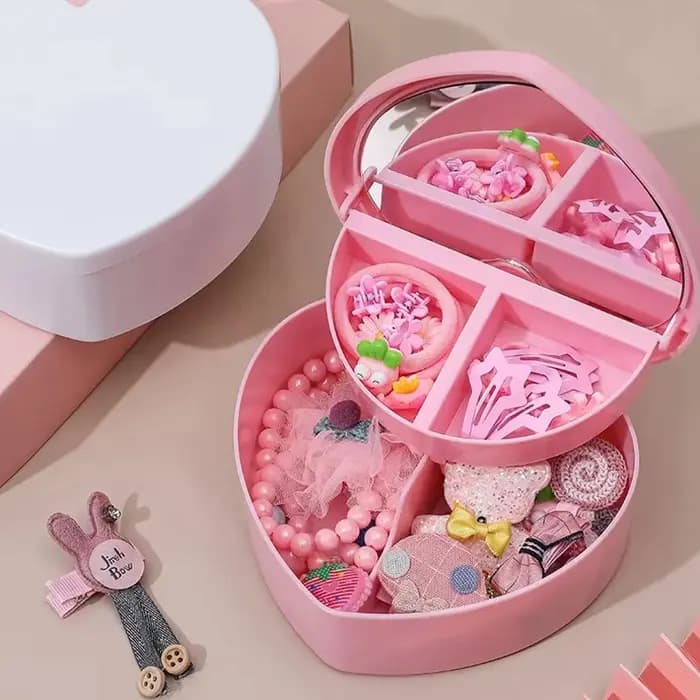 Boîte de rangement pour bijoux en forme de cœur pour filles avec miroir, en plastique rose et blanc, organisateur de bracelets et bandeaux, présentoir de bijoux pour tiroir ou bureau de fille