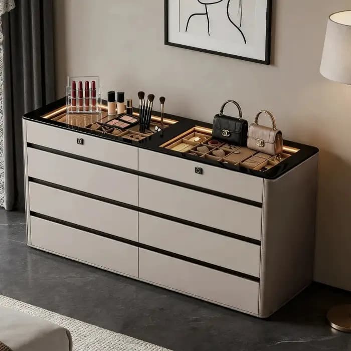 Cassettiera en bois de luxe italienne avec poignées dissimulées pour salon et chambre, accessoires de maison