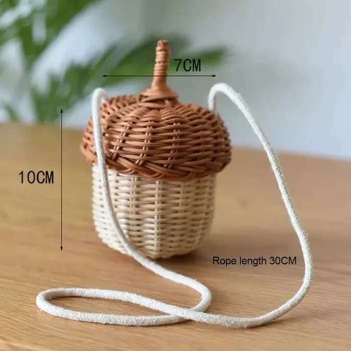 Panier de rangement en forme de gland, sac rond en rotin tressé à la main, sac seau, sac à bandoulière tressé style plage tropicale, accessoires photo, sac en forme de cône de pin