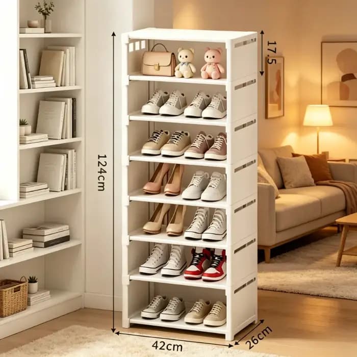 Étagère à chaussures blanche à 8 niveaux, structure métallique, organisateur en tissu, rangement gai