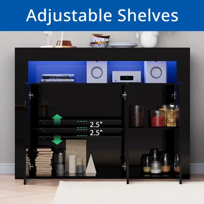 Armoire de rangement moderne avec lumières LED, buffet haute brillance, étagère réglable, 3 portes