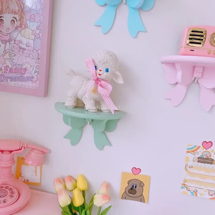 Support de rangement mural avec nœud rose Kawaii, décoration de chambre de fille, étagères murales sans poinçon