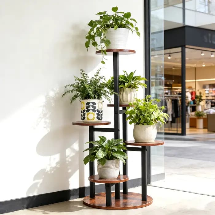 Support à plantes rustique à 5 niveaux en bois et métal - Étagère à fleurs multi-niveaux pour intérieur