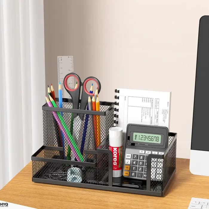 Organisateur de bureau en maille avec porte-crayons et paniers de rangement pour accessoires