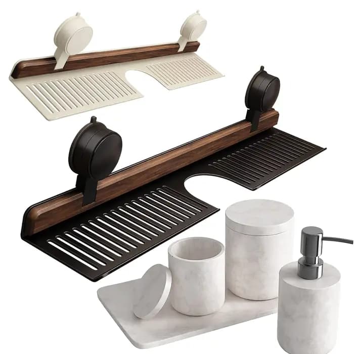 Étagère de salle de bain à ventouse en noyer