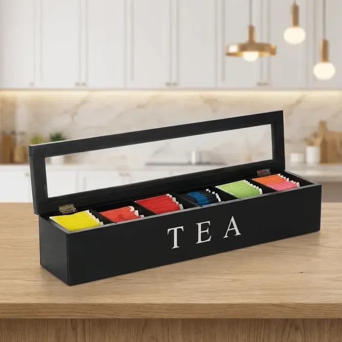 Boîte de rangement en bois pour sachets de thé avec fenêtre transparente