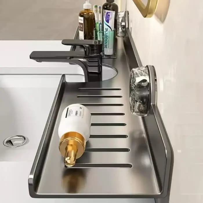 Étagère de salle de bain murale sans perçage avec miroir à ventouse pour lavabo et robinet