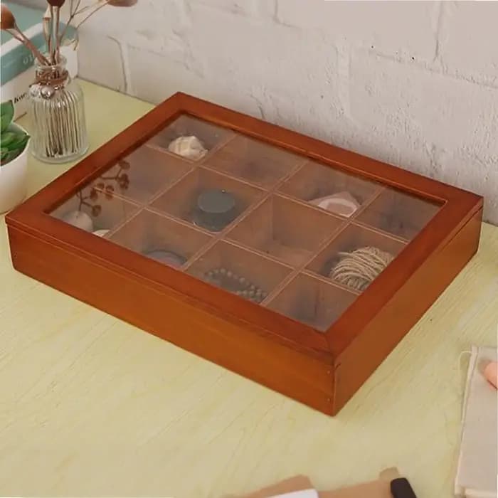 Boîte de rangement en bois à 12 compartiments pour sachets de thé avec couvercle transparent