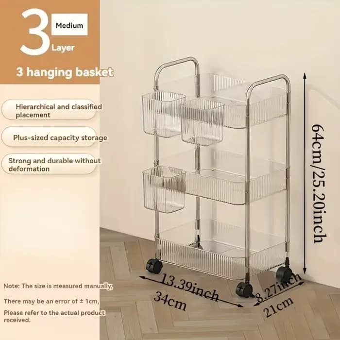 Chariot de rangement transparent à 3 niveaux avec roulettes