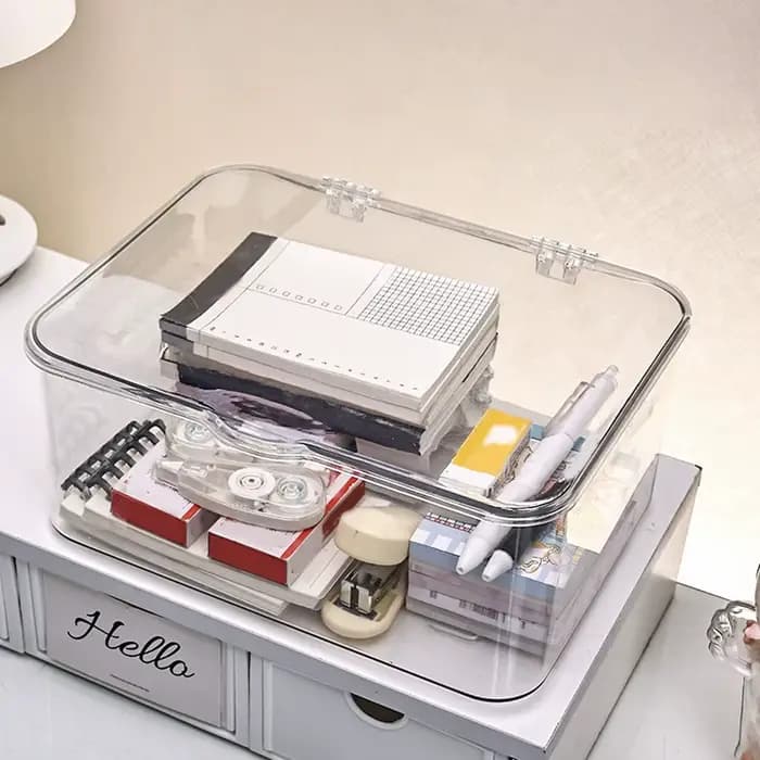 Boîte de rangement en plastique, boîte de rangement couverte, conteneur de rangement de bureau à couvercle rabattable, fournitures de bureau, papeterie, rangement de cosmétiques