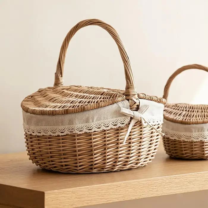 Panier de rangement tissé, panier en saule avec poignée et couvercle, panier de pique-nique en osier