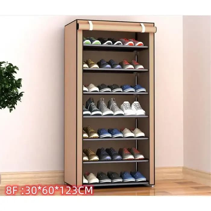Organiseur de chaussures avec housse en tissu pour 9 à 27 paires, disponible en plusieurs niveaux (4-10), dimensions totales 160 x 30 x 60 cm