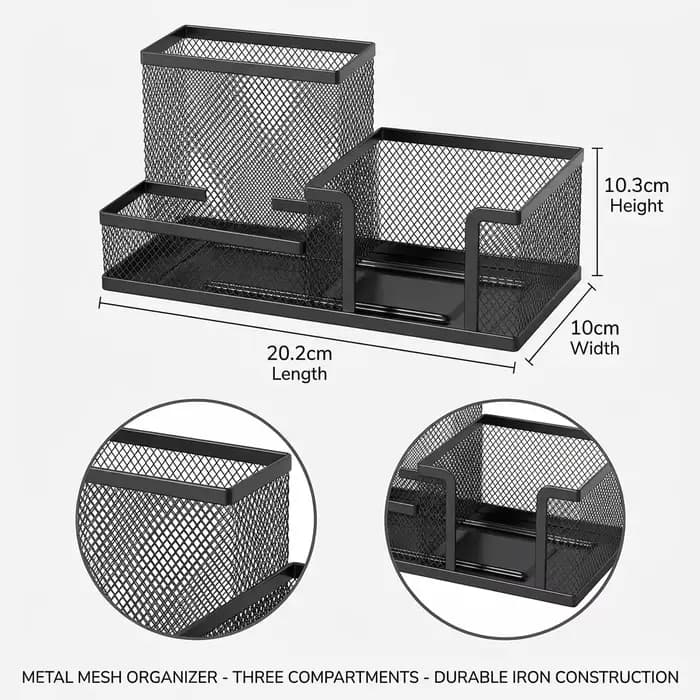 Organisateur de bureau en maille noire avec porte-crayons et paniers de rangement