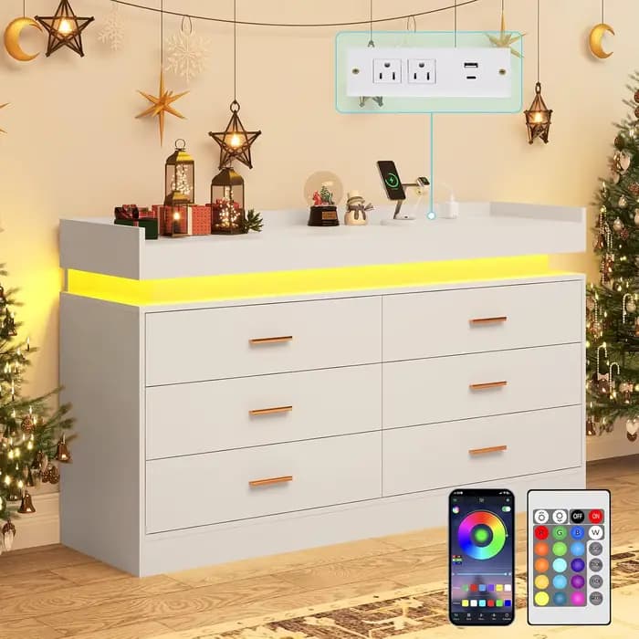 Commode à 6 tiroirs avec station de charge et lumières LED, commode moderne avec prise de courant, a