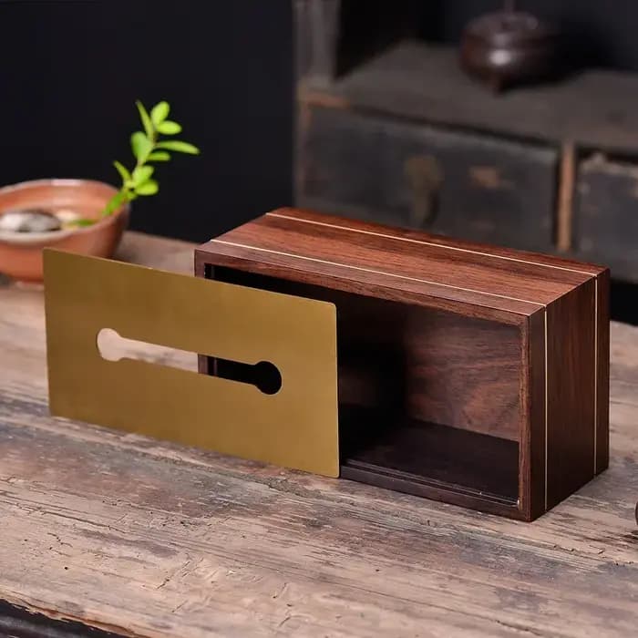 Boîte à mouchoirs en ébène avec incrustation de laiton, boîte de rangement en bois massif de Style chinois, accessoire décoratif rétro haut de gamme pour la maison