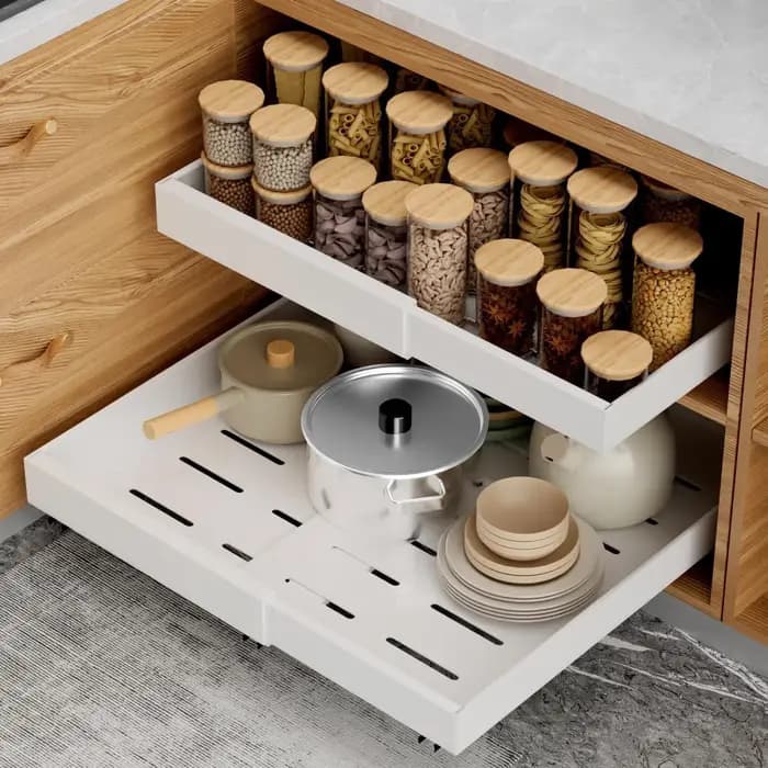 Support de rangement d'armoire extractible avec tiroirs coulissants extensibles adhésifs pour organisateur sous évier