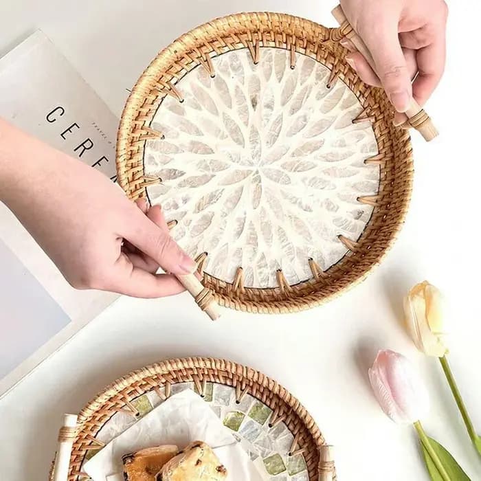 Plateau de rangement rond en rotin créatif, coquille naturelle, panier en rotin avec poignée, décoration, rangement de bijoux, organisateur de salon
